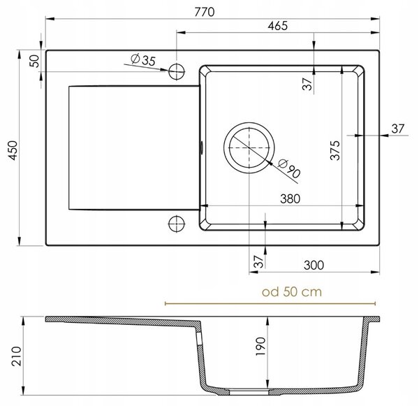 SINK Quality Mosogató Quality Ferrum, konyhai gránit mosogató 770x450x190 mm + arany szifon, fehér, SKQ-FER.W.1KDO.XG