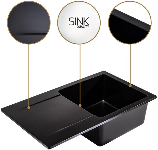 SINK Quality Mosogató Quality Ferrum, konyhai gránit mosogató 770x450x190 mm + arany szifon, fekete, SKQ-FER.C.1KDO.XG