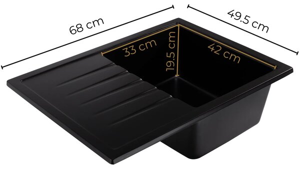 SINK Quality Mosogató Minőségi Titanite, konyhai gránit mosogató 680x495x215 mm + arany szifon, fekete, SKQ-TIT.C.1KKO.XG