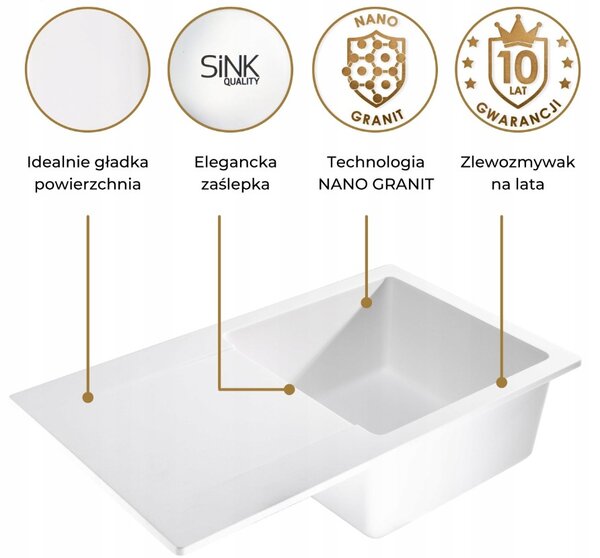 SINK Quality Mosogató Quality Ferrum, konyhai gránit mosogató 770x450x190 mm + arany szifon, fehér, SKQ-FER.W.1KDO.XG
