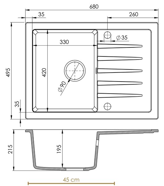 SINK Quality Mosogató Minőségi Titanite, konyhai gránit mosogató 680x495x215 mm + arany szifon, fekete, SKQ-TIT.C.1KKO.XG