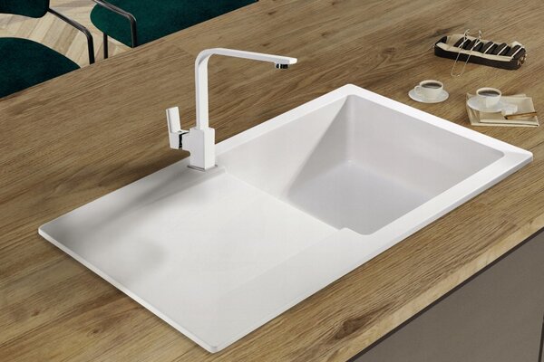 SINK Quality Mosogató Quality Ferrum, konyhai gránit mosogató 770x450x190 mm + arany szifon, fehér, SKQ-FER.W.1KDO.XG