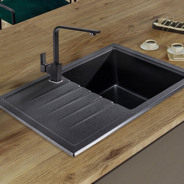 SINK Quality Mosogató Minőségi Titanite, konyhai gránit mosogató 680x495x215 mm + szifon, fekete foltos-Brocade, SKQ-TIT.B.1KKO.X