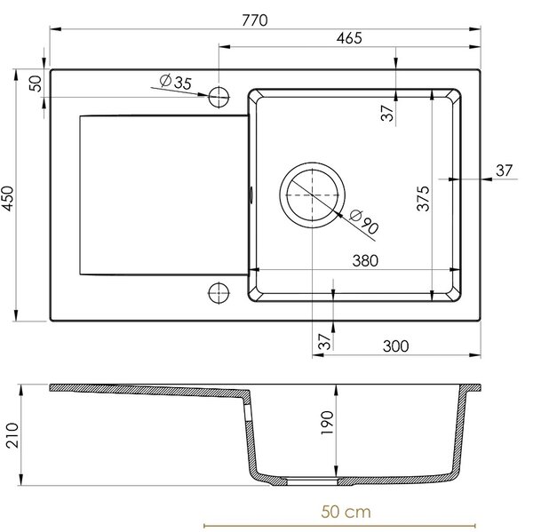SINK Quality Mosogató Quality Ferrum, konyhai gránit mosogató 770x450x190 mm + arany szifon, fekete foltos-BROKÁD, SKQ-FER.B.1KDO.XG