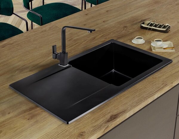 SINK Quality Mosogató Quality Ferrum, konyhai gránit mosogató 770x450x190 mm + arany szifon, fekete, SKQ-FER.C.1KDO.XG