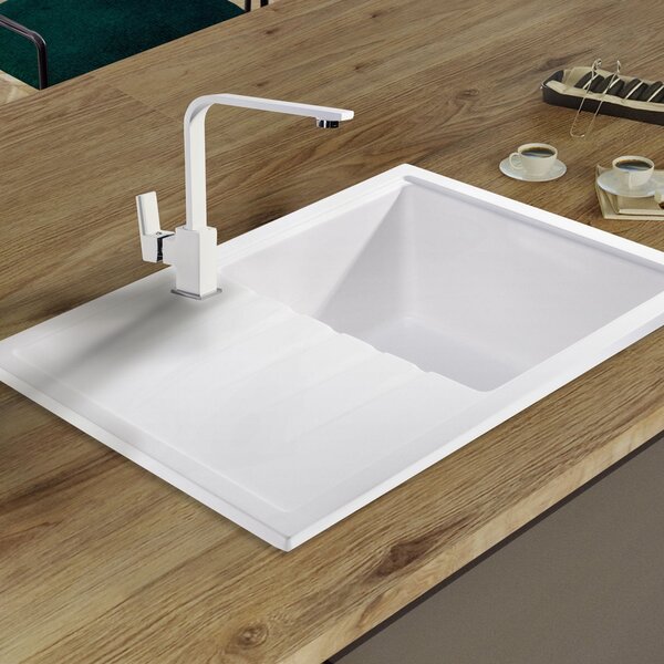 SINK Quality Mosogató Minőségi Titanite, konyhai gránit mosogató 680x495x215 mm + szifon, fehér, SKQ-TIT.W.1KKO.X