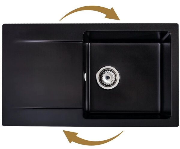 SINK Quality Mosogató Quality Ferrum, konyhai gránit mosogató 770x450x190 mm + arany szifon, fekete, SKQ-FER.C.1KDO.XG
