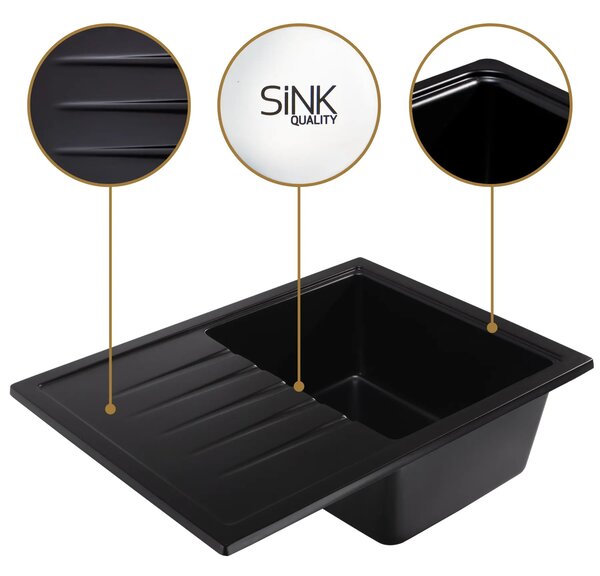 SINK Quality Mosogató Minőségi Titanite, konyhai gránit mosogató 680x495x215 mm + arany szifon, fekete, SKQ-TIT.C.1KKO.XG
