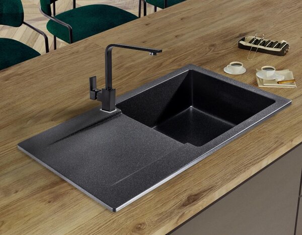 SINK Quality Mosogató Quality Ferrum, konyhai gránit mosogató 770x450x190 mm + arany szifon, fekete foltos-BROKÁD, SKQ-FER.B.1KDO.XG