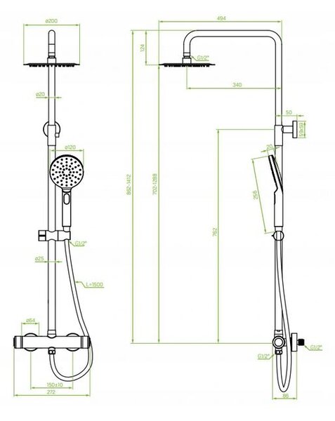 Laveo Volumo, zuhanygarnitúra termosztatikus csapteleppel 150mm, matt fekete, LAV-PLV_70OB