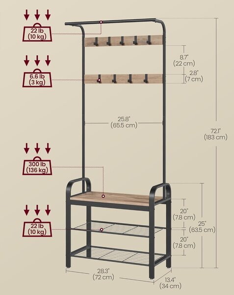 VASAGLE 4 az 1-ben előszobafal cipőpaddal és fogassal, 72 cm, barna-fekete
