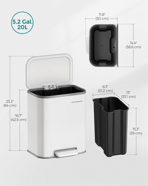 SONGMICS 20L pedálos szemetes, lágyan záródó tetővel, fehér