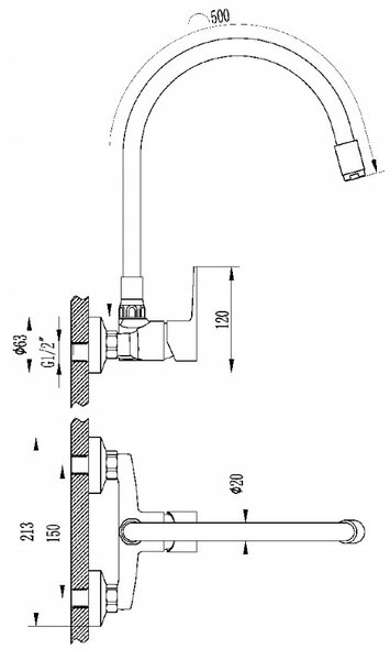 Invena Verso, falra szerelhető konyhai csaptelep 150mm elasztikus karral, bézs-króm, INV-BC-82-E3S-L