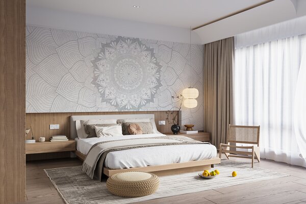 Fotótapéta Kerek mandala, tapéta jóga térbe vagy személyes tér harmonizálására. Fali mandala szürke, Fotótapéta design, w01088v2 : Uwalls.hu