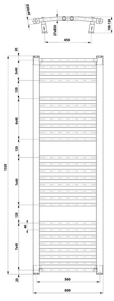 Aqualine Aqualine, ORBIT fűtőelem oldalsó csatlakozással 600x1320 mm, 795 W, fehér, ILO36T