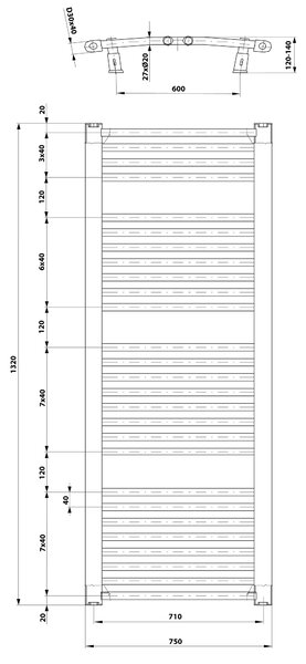 Aqualine Aqualine, ORBIT fűtőelem oldalsó csatlakozással 750x1320 mm, 996 W, fehér, ILO37T