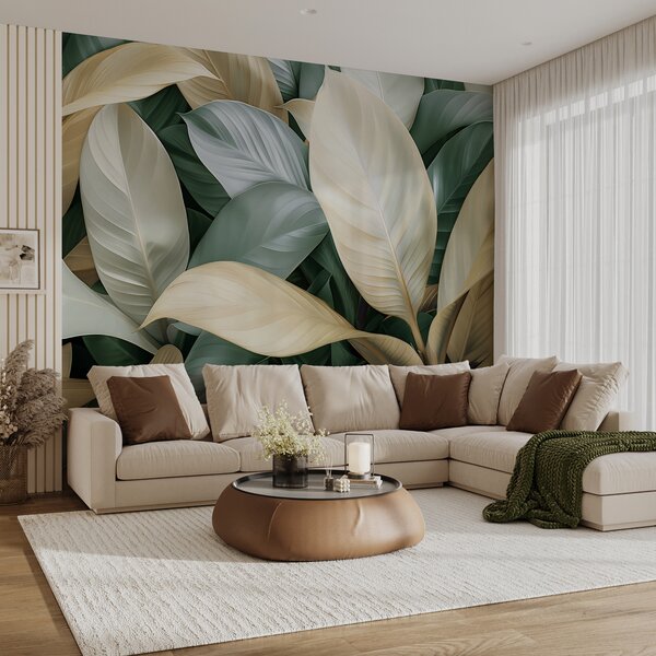 Fotótapéta Nagy trópusi levelek zöld és bézs színben, 3d fotótapéta, 3d levelek fotótapéta, w01587v1 : Uwalls.hu