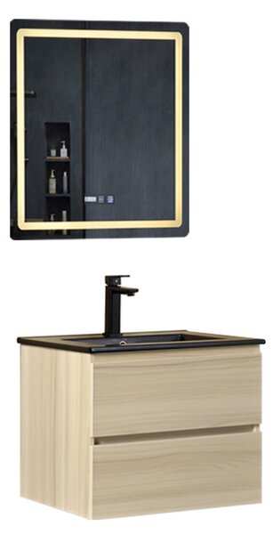 HD HongKong Sonoma 60 komplett fürdőszoba bútor fali mosdószekrénnyel, fekete slim mosdóval és tükörrel