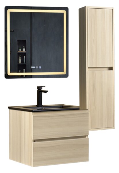 HD HongKong Sonoma 60 komplett fürdőszoba bútor szett fali mosdószekrénnyel, fekete slim mosdóval, tükörrel és magas szekrénnyel