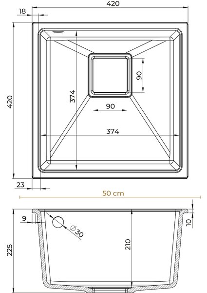 SINK Quality Mosogató Minőségi Argon 50, konyhai gránit mosogató 420x420x225 mm + króm szifon, fehér, SKQ-ARG.W.1KBO.50.X