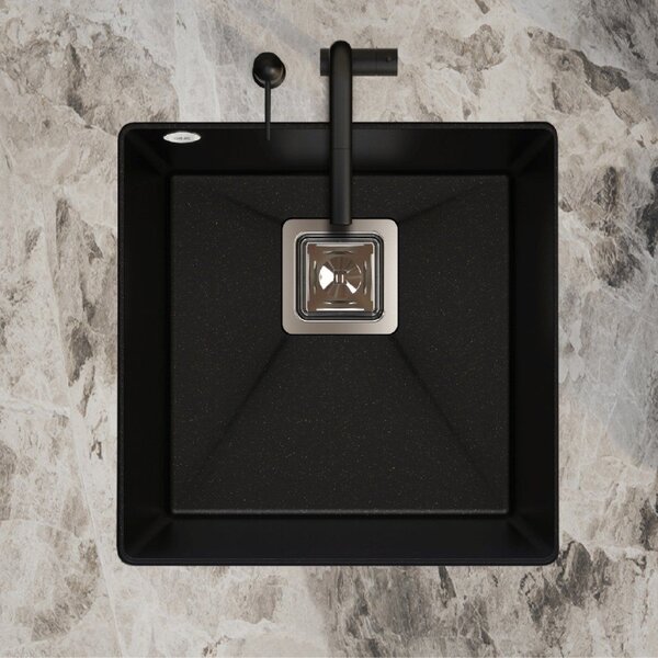 SINK Quality Mosogató Minőségi Argon 50, konyhai gránit mosogató 420x420x225 mm + króm szifon, fehér, SKQ-ARG.W.1KBO.50.X