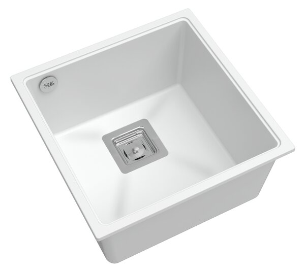 SINK Quality Mosogató Minőségi Argon 50, konyhai gránit mosogató 420x420x225 mm + króm szifon, fehér, SKQ-ARG.W.1KBO.50.X