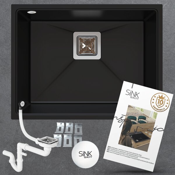 SINK Quality Mosogató Minőségi Argon 60, gránit konyhai mosogató 550x420x225 mm + króm szifon, fekete, SKQ-ARG.C.1KBO.60.X