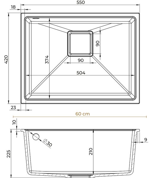 SINK Quality Mosogató Minőségi Argon 60, gránit konyhai mosogató 550x420x225 mm + króm szifon, fekete, SKQ-ARG.C.1KBO.60.X