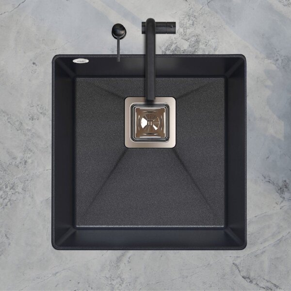 SINK Quality Mosogató Minőségi Argon 50, konyhai gránit mosogató 420x420x225 mm + króm szifon, fehér, SKQ-ARG.W.1KBO.50.X