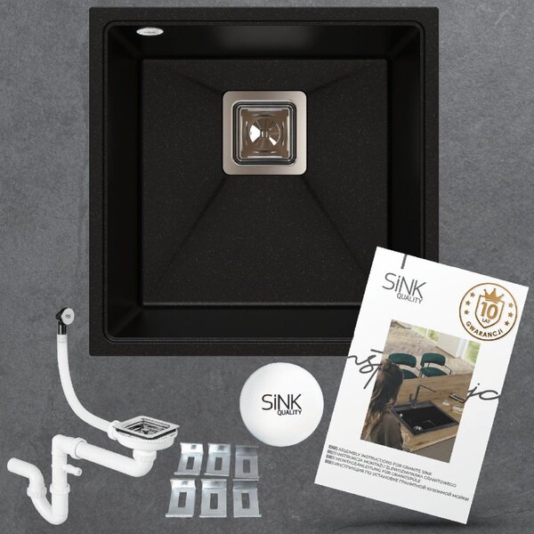 SINK Quality Mosogató Minőségi Argon 50, konyhai gránit mosogató 420x420x225 mm + króm szifon, fehér, SKQ-ARG.W.1KBO.50.X