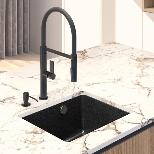 SINK Quality Mosogató Quality Crypton 55, konyhai gránit mosogató 460x375x205 mm + fekete szifon, fekete foltos, SKQ-CRY.B.1KBO.55.XB