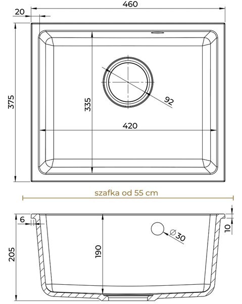 SINK Quality Mosogató Quality Crypton 55, konyhai gránit mosogató 460x375x205 mm + fekete szifon, fekete foltos, SKQ-CRY.B.1KBO.55.XB