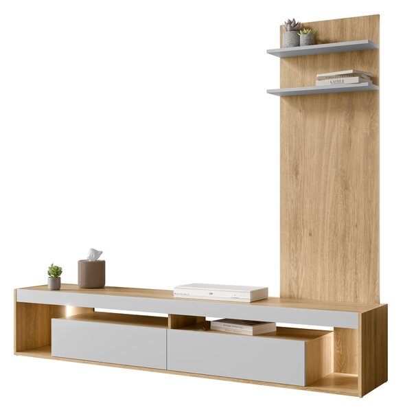 TV-állvány Tenfioa 107, Laminált forgácslap, 38x200x39cm, Tölgy, Szürke