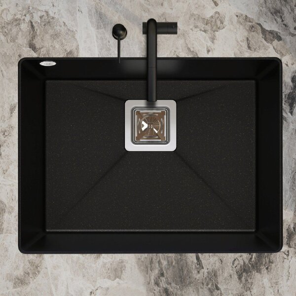 SINK Quality Mosogató Minőségi Argon 60, gránit konyhai mosogató 550x420x225 mm + króm szifon, fekete, SKQ-ARG.C.1KBO.60.X