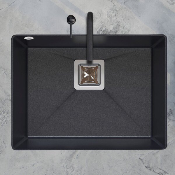 SINK Quality Mosogató Minőségi Argon 60, gránit konyhai mosogató 550x420x225 mm + króm szifon, fekete, SKQ-ARG.C.1KBO.60.X