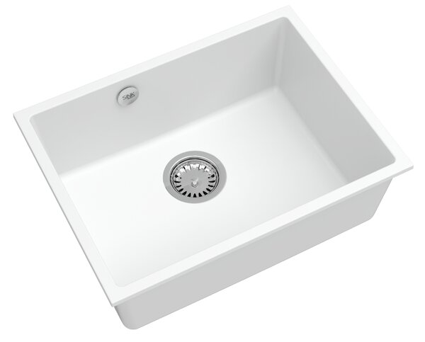 SINK Quality Mosogató Quality Crypton 60, gránit konyhai mosogató 535x400x205 mm + króm szifon, fehér, SKQ-CRY.W.1KBO.60.X
