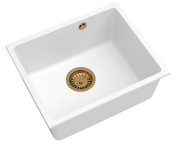 SINK Quality Mosogató minőségi Crypton 55, konyhai gránit mosogató 460x375x205 mm + arany szifon, fehér, SKQ-CRY.W.1KBO.55.XG