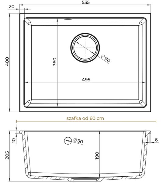 SINK Quality Mosogató Quality Crypton 60, gránit konyhai mosogató 535x400x205 mm + króm szifon, fekete, SKQ-CRY.C.1KBO.60.X