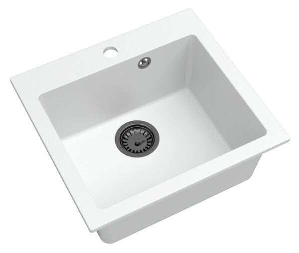 SINK Quality Mosogató Quality Ferrum 50, konyhai gránit mosogató 490x450x195 mm + fekete szifon, fehér, SKQ-FER.W.1K50.XB