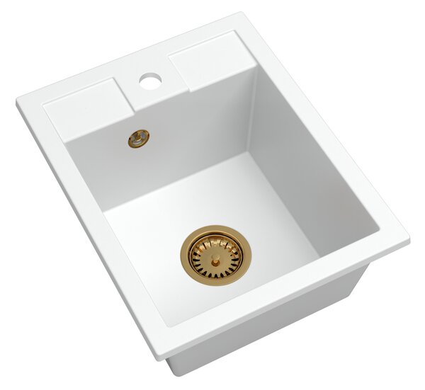 SINK Quality Mosogató Quality Ferrum 40, konyhai gránit mosogató 400x500x195 mm + arany szifon, fehér, SKQ-FER.W.1K40.XG