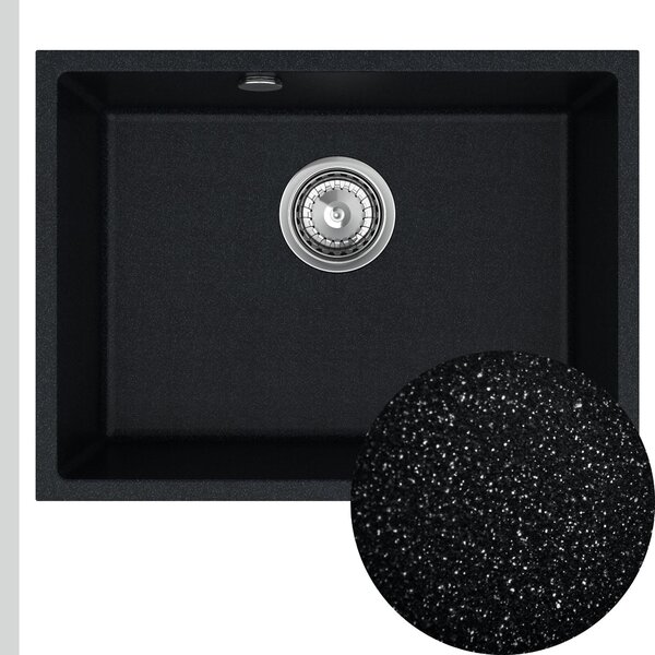 SINK Quality Mosogató Quality Crypton 60, gránit konyhai mosogató 535x400x205 mm + króm szifon, fekete, SKQ-CRY.C.1KBO.60.X