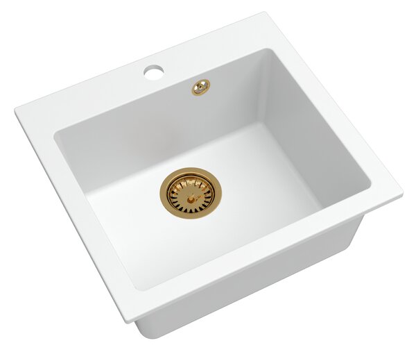 SINK Quality Mosogató Quality Ferrum 50, konyhai gránit mosogató 490x450x195 mm + arany szifon, fehér, SKQ-FER.W.1K50.XG