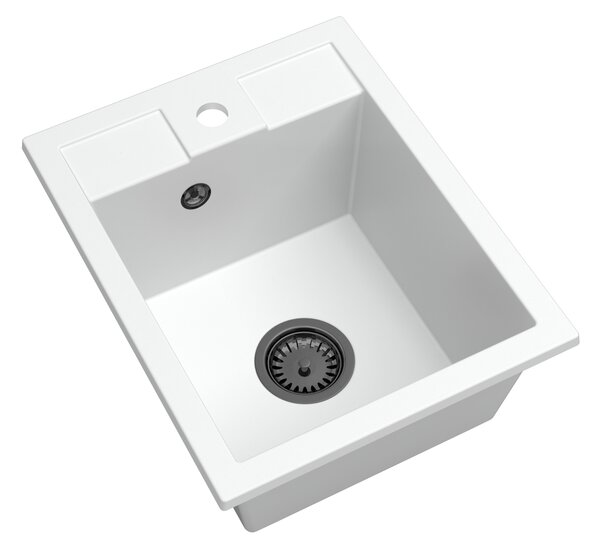 SINK Quality Mosogató Quality Ferrum 40, konyhai gránit mosogató 400x500x195 mm + fekete szifon, fehér, SKQ-FER.W.1K40.XB