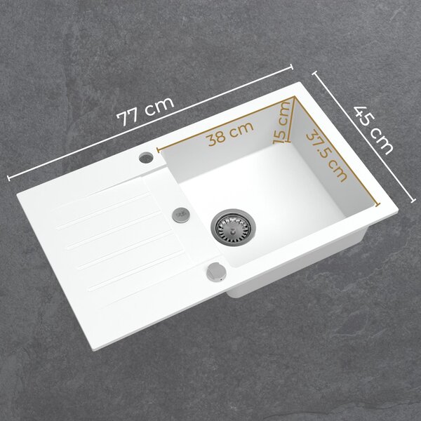 SINK Quality Mosogató Quality Natalie, konyhai gránit mosogató 770x450x170 mm + fekete szifon, fehér, SKQ-NAT.W.1KDO.XB