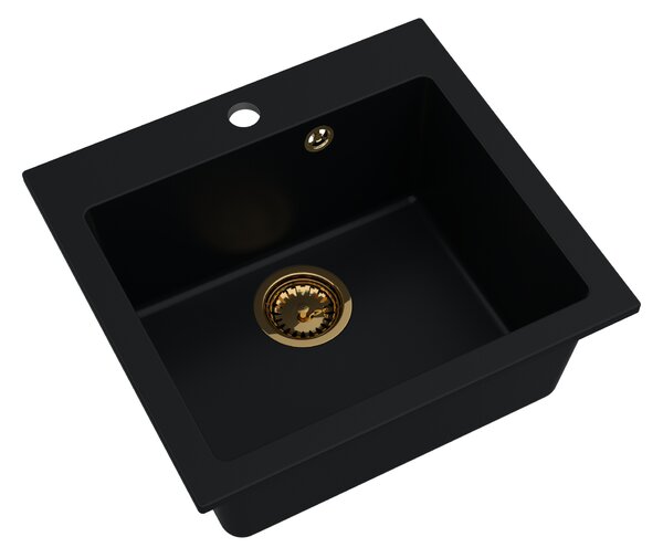SINK Quality Mosogató Quality Ferrum 50, konyhai gránit mosogató 490x450x195 mm + arany szifon, fekete, SKQ-FER.C.1K50.XG