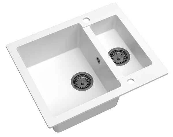 SINK Quality Mosogató Quality Ferrum, konyhai gránit mosogató 605x495x210 mm + fekete szifon, fehér, SKQ-FER.W.5KBO.XB