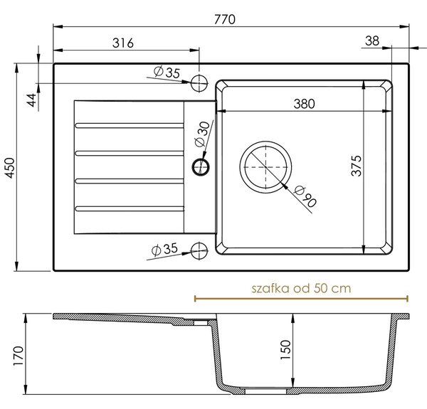 SINK Quality Mosogató Quality Natalie, konyhai gránit mosogató 770x450x170 mm + fekete szifon, fehér, SKQ-NAT.W.1KDO.XB