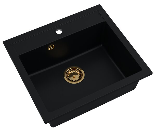 SINK Quality Mosogató Quality Ferrum, konyhai gránit mosogató 565x510x205 mm + arany szifon, fekete, SKQ-FER.C.1K60.XG