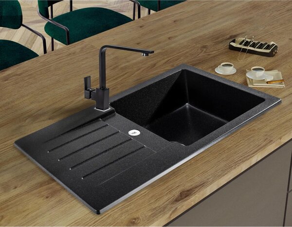 SINK Quality Mosogató Quality Natalie, konyhai gránit mosogató 770x450x170 mm + króm szifon, fekete foltos-BROKÁD, SKQ-NAT.B.1KDO.X