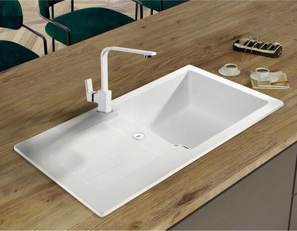 SINK Quality Mosogató Quality Natalie, konyhai gránit mosogató 770x450x170 mm + arany szifon, fehér, SKQ-NAT.W.1KDO.XG